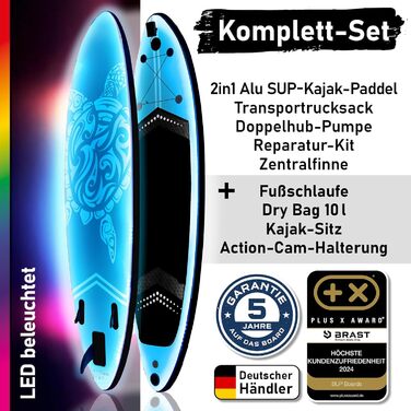 Надувний SUP Board BRAST з LED-підсвіткою | Комплект для станд-ап паддлінгу | 320x81x15 см | 4 дизайни | LED-підсвітка 10 кольорів | 5 років гарантії | 2в1 весло, сидіння для каяка, кріплення для екшн-камери, петля для ніг (Turtle Blue)