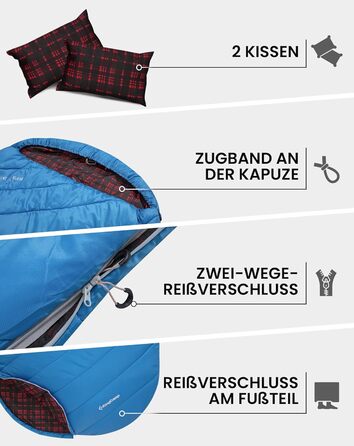 Спальний мішок KingCamp для 2 осіб з фланелі, зимовий, теплий, 3-4 сезони, з 2 подушками, для кемпінгу та відпочинку на природі (синьо-блакитний)