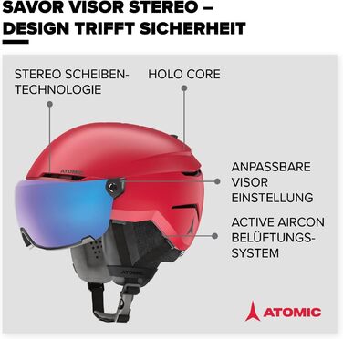Лижний шолом ATOMIC Savor Visor Stereo з візором, червоний, максимальна амортизація, система вентиляції Aircon, дзеркальне покриття для чіткого огляду