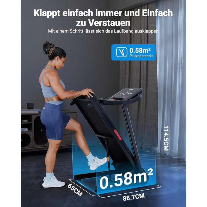 Біговий тренажер THERUN для дому та офісу, 14 км/год, 3.0 PS, нахил, датчики пульсу, складний, 136 кг, LED-підсвітка