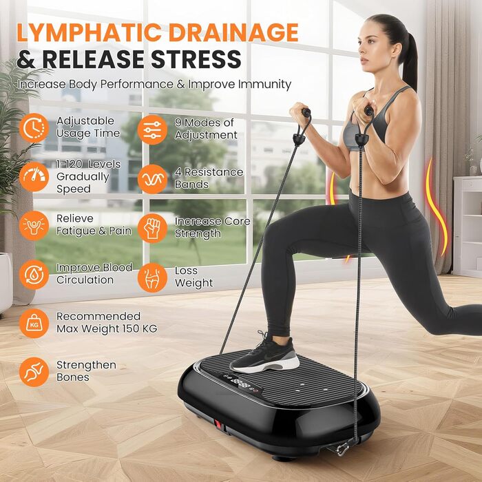 Вібраційна платформа для дому з 9 режимів, 120 рівнів інтенсивності, 4 еластичними стрічками, 150 кг, Bluetooth та пультом ДУ