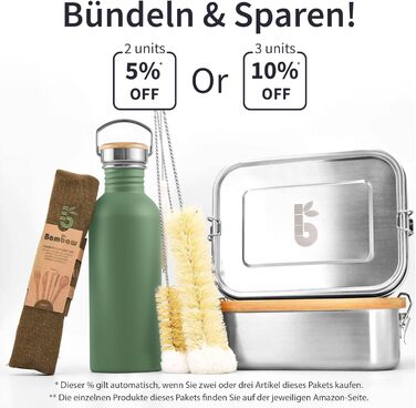 Водяна пляшка Bambaw з нержавіючої сталі 1л | Багаторазова еко-пляшка | Для кемпінгу та походів | Без пластику | Спортивна пляшка, не протікає (750 мл, м'ятний)