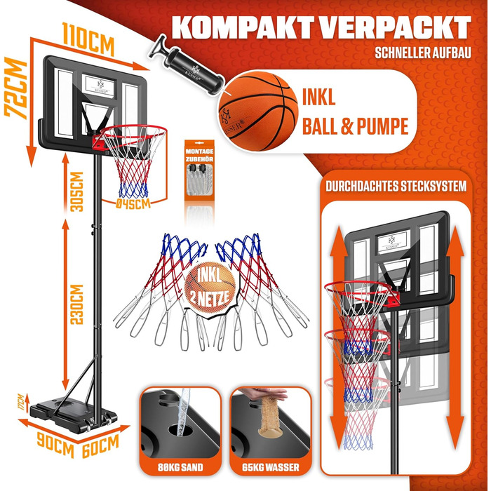 Курка баскетбольна KESSER® Outdoor зі стійкою та колесами. В комплекті 2 сітки, м'яч та насос. Регульована висота 230-305 см. Чорний колір. Підходить для дорослих та дітей.