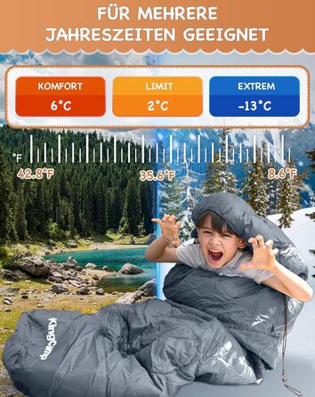 Сплячий мішок KingCamp для дітей та дорослих, 3-4 сезони, двошаровий, теплий, сірий, для кемпінгу та походів, 165x70x45 см