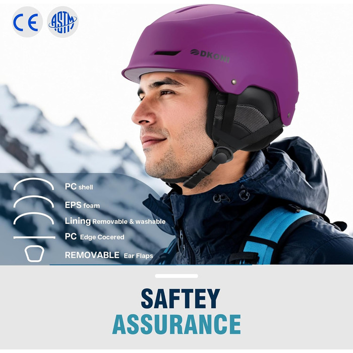 Шолом гірськолижний та сноубордичний для чоловіків, жінок та дітей, регульований розмір, 3-рівнева вентиляція, міцна PC-оболонка з EPS-піною (Білий, фіолетовий, L: 58-62 см)