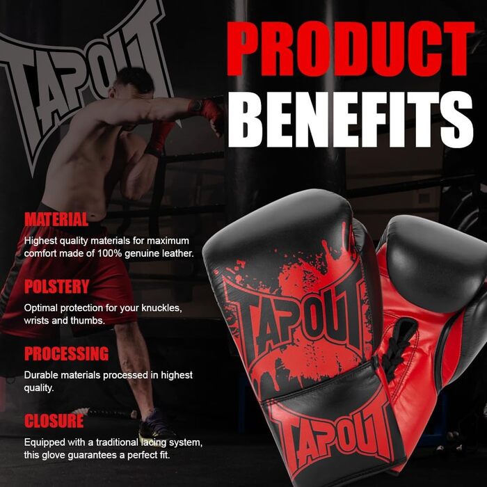 Боксерські рукавички Tapout зі шкіри, 10 унцій, чорні/червоні