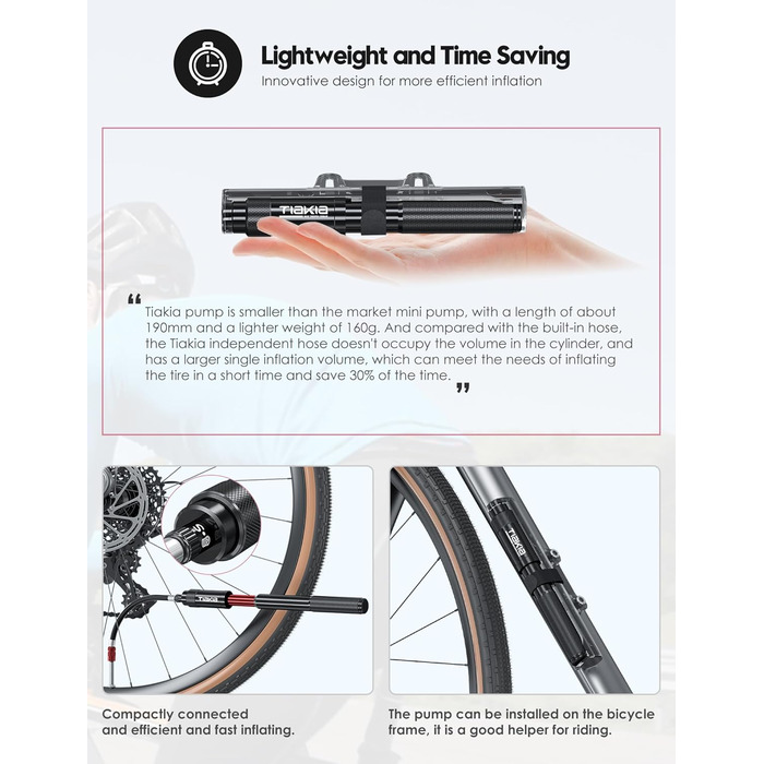 Насос для велосипеда Tiakia Mini 260PSI: компактний ручний насос для Presta, Schrader, Dunlop вентилів. Підходить для BMX, MTB, шосе, електровелосипедів. З кріпленням. Чорний.