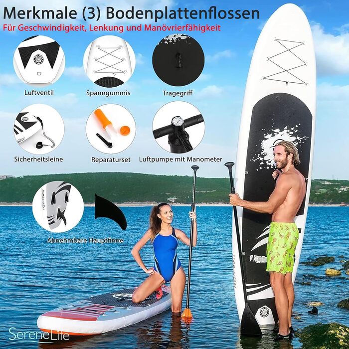 Надувна SUP-дошка SereneLife з аксесуарами, сіро-чорна, комплект для дітей і дорослих, антиковзка поверхня, насос, весло, сумка для перенесення