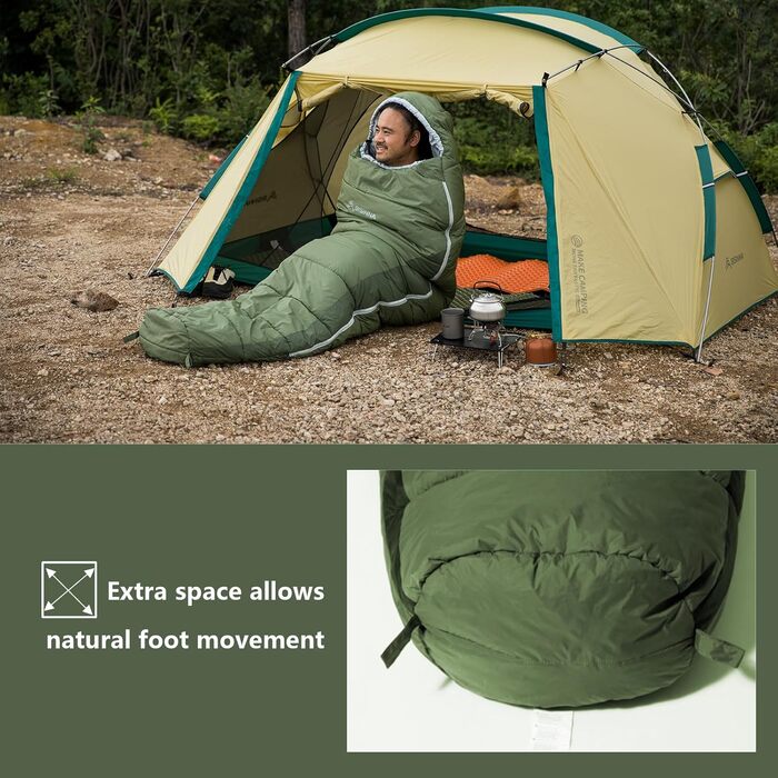 Спальний мішок BISINNA Mumienschlafsack -10°C - 5°C [400GSM] для туризму, кемпінгу та подорожей, зелений