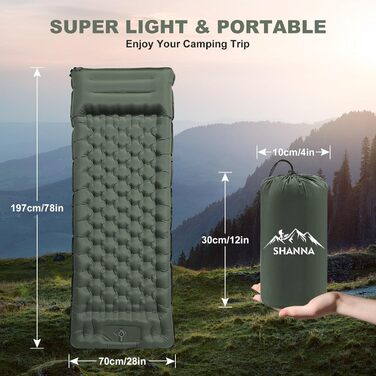 Надувний килимок для кемпінгу SHANNA Isomatte Outdoor 12 см з подушкою та насосом, блакитний павич
