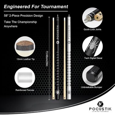 Набір для більярду Pocustik: 2 шт. кийки, канадський клен, 147.3 см, ергономічні, для дому, синій/фіолетовий або чорний/червоний