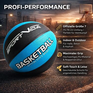 М'яч для баскетболу SportVida, розмір 7 - для гри в приміщенні та на вулиці, з преміум-шкіри PU, антиковзкий, для вулиці та залу, офіційний розмір (75-78 см), чорно-синій