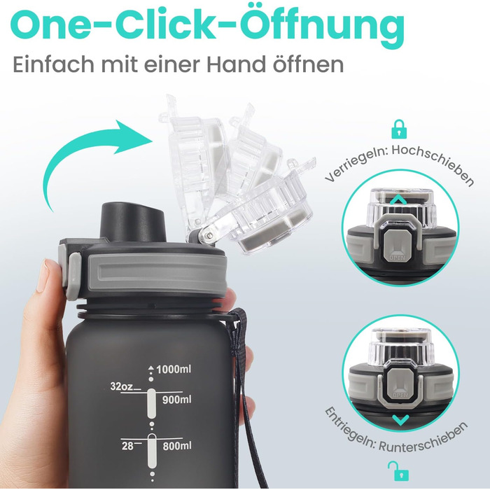 Спортивна пляшка для води 1л з 2-в-1 отвором | Трубочка та пряме пиття | Без BPA, Tritan, витокозахисна | Для спорту, фітнесу, роботи, велоспорту, піших прогулянок, подорожей