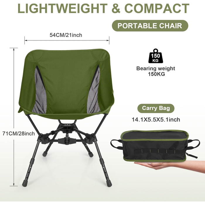 Складний туристичний стілець TOPCHANCES для кемпінгу та відпочинку на природі (армійний зелений)