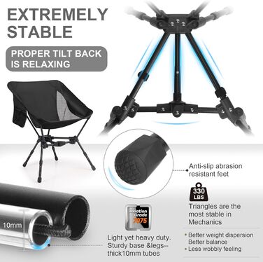 Складний туристичний стілець TOPCHANCES для кемпінгу та відпочинку на природі, чорний. Максимальне навантаження: 150 кг, з бічною кишенею та дихаючою сіткою.