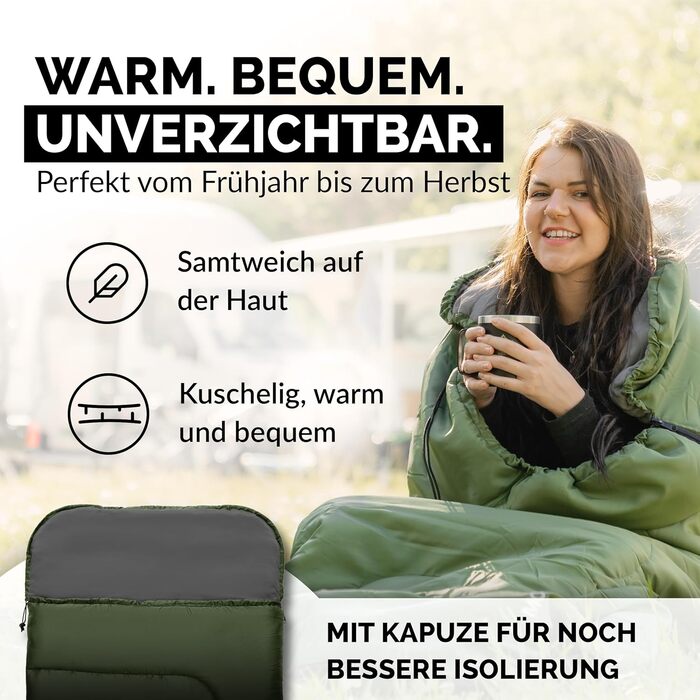 Спальний мішок для кемпінгу з капюшоном до -3°C з подушкою - зимовий та літній спальний мішок на 3-4 сезони (75 x 220 см) - для жінок та чоловіків (теплий) Зелений 280GSM