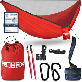 Гамак для відпочинку на відкритому повітрі ROBBX® з москітною сіткою на 2 особи | Максимальне навантаження 300 кг | Подвійний гамак з комплектом кріплень | Нейлоновий гамак для кемпінгу та подорожей | 290x140 см (Червоний)
