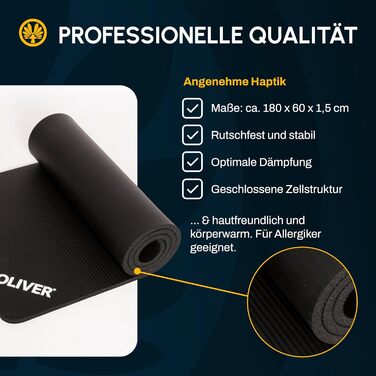 Антиковзкий спортивний килимок Oliver з поперечними рифленнями, для йоги, пілатесу, гімнастики та фітнесу, гіпоалергенний, вологовідштовхуючий, антрацит, 180x60x1,5 см