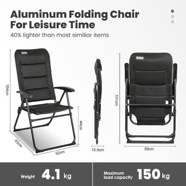 Крісло для кемпінгу Homecall складне, 150 кг, з високою спинкою, чорне - для саду, балкону, риболовлі