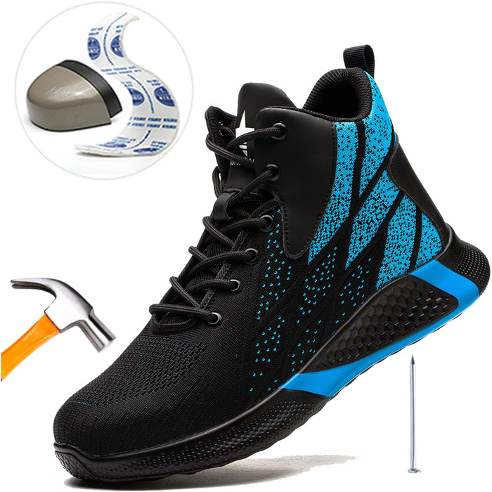 Зручні та безпечні робочі черевики з металевим носком для чоловіків та жінок. Дихаючі, антиковзкі, розміри 35-48 EU, колір блакитний.