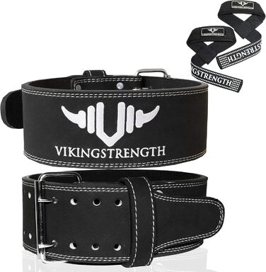 Преміум шкіряний пояс для важкої атлетики Vikingstrength з тяговими лямками, для чоловіків і жінок, для присідань, пауерліфтингу, кросфіту, станової тяги, розмір M-4XL, з додатком V-Strength