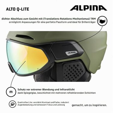 Гірськолижний шолом Alpina Alto Q-LITE для дорослих, ударопоглинаючий, з контрастною маскою, розмір L (59-63 см), колір olive matt