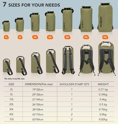 Водонепроникний мішок Unigear Dry Bag 2L/5L/10L/20L/40L для каяку, риболовлі, кемпінгу, пляжу, з кишенею для телефону та ременями, армійний колір
