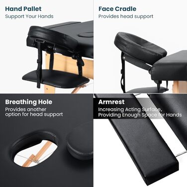 Складаний мобільний масажний стіл BODIOO з дерев'яними ніжками, 2 зони, регульована висота, до 250 кг, чорний