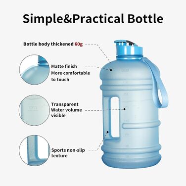 Фляга для води TOOFEEL 2л BPA Free, велика, спортивна, з позначеннями об'єму (Матова блакитна, 2200 мл)