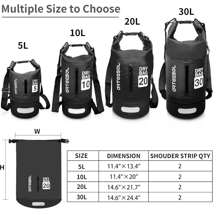 Водонепроникний мішок Dry Bag 10L: міцний packsack для плавання, каякінгу та водних видів спорту. Чорний