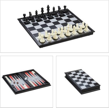 Шахи Relaxdays 3-в-1: шахи, шашки, нарди. Магнітний, складаний, 32x32 см, чорний/білий