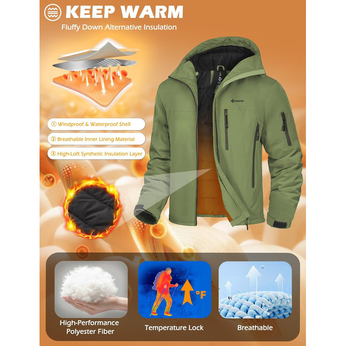 Чоловіча лижна куртка GEMYSE з інтегрованими лямками та капюшоном. Тепла зимова куртка, водонепроникна вітрозахисна куртка для сноубордингу та походів. Колір: хакі.