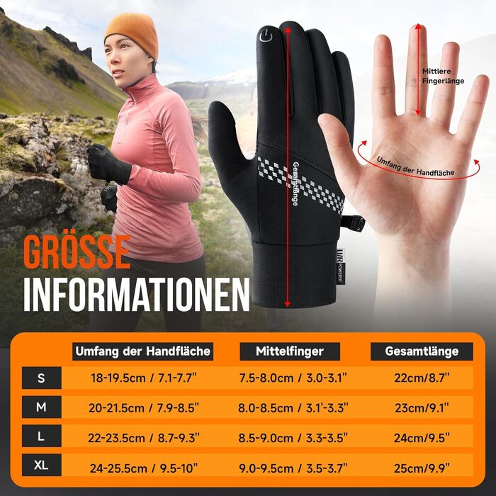 Зимові рукавички Benirap для чоловіків: вітрозахисні, з підтримкою сенсорного екрану, неслизькі спортивні рукавички для активного відпочинку, їзди на велосипеді, бігу та прогулянок з собакою. Чорний колір, розмір L.