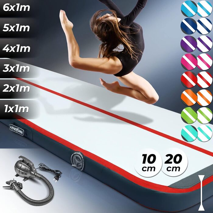 Гімнастична килимок Vendomnia Airtrack Matte з електричним насосом та сумкою, 10/20 см заввишки, довжина 1/2/3/4/5/6/7/8 м, для гімнастики, акробатики, фітнесу, йоги, червоний (300x100x20 см)