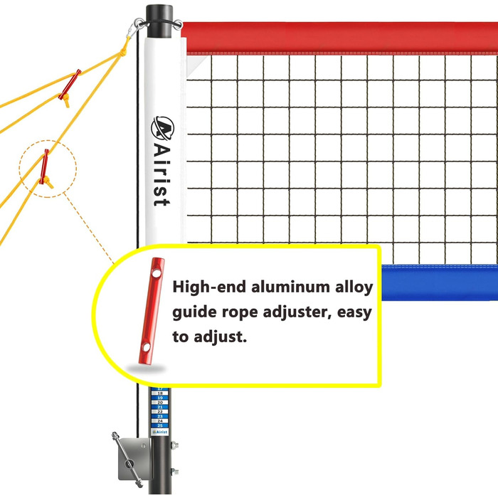 Волейбольна сітка Airist Heavy Duty для вулиці з антипровисаючою системою з нержавіючої сталі, регульовані алюмінієві стійки, професійний волейбольний комплект для двору та пляжу, сумка для перенесення (rot/blau)