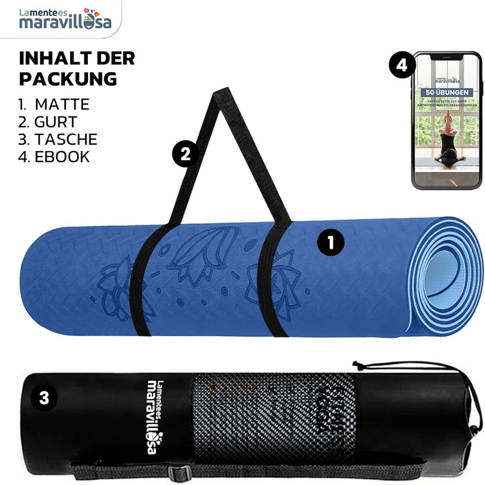 Килимок для гімнастики та йоги LA MENTE ES MARAVILLOSA: антиковзкий, з сумкою та E-book, 183x61 см