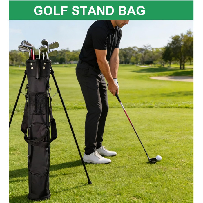 Сумка для гольфу на штативі, чорна. З регульованими ременями, двома кишенями. Легка, для чоловіків та жінок, для тренувань, коротких полів та курсів.