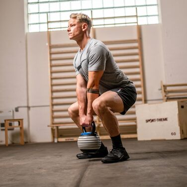 Набір гантелей-гир Кетелбел Sport-Thieme Vario | Регульовані гантелі з змінними дисками: 4-18 кг | Компактні, безпечні | Сталь, пластик | Чорно-сіро-блакитні | Якість бренду