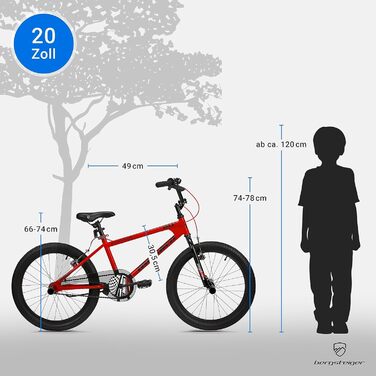 Дитячий велосипед BMX Bergsteiger Monaco 20 дюймів, фрістайл, для дітей 6-9 років, 4 сталеві пеги, захист ланцюга, вільний хід, червоний