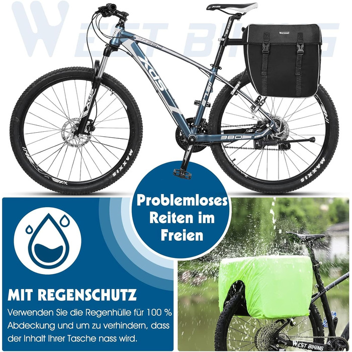 Велосипедна сумка West Biking 30L, водонепроникна, подвійна, на багажник, з ременем, захистом від дощу, чорна, міцна для перевезення речей