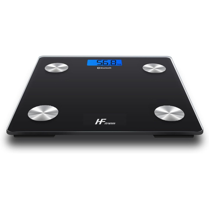 Інтелектуальна вага для тіла з Bluetooth, HFitness, вимірювання жиру, BMI, iOS/Android, чорний колір з блакитною підсвіткою