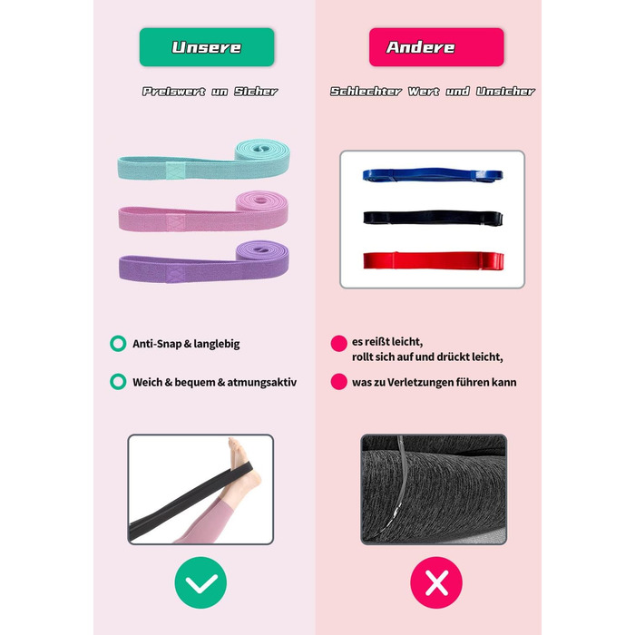 Фітнес-гумки для фітнесу, пілатесу та йоги, набір 3 шт. з різним опором, антиковзні, для силових тренувань, фітнес, зелений, рожевий, фіолетовий