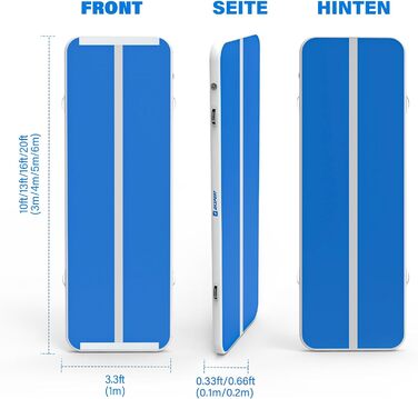 AKSPORT Надувний гімнастичний мат з повітряною подушкою, 3/4/5/6м, 10/20см, 300x100x10см, синій