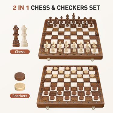 Магнітна шахова дошка 2в1 Paom 40.5x40.5 см: дерев'яна, складана, з фігурами для дорослих та дітей