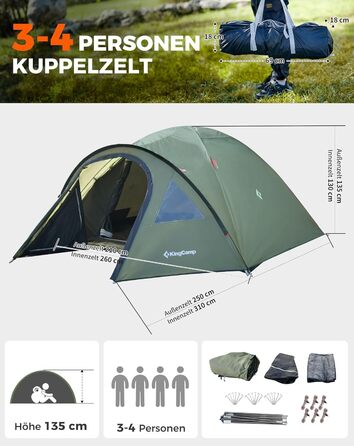 Намет KingCamp для кемпінгу на 4 особи: просторий, водонепроникний (PU3000mm), для трекінгу та відпочинку на природі (зелений)