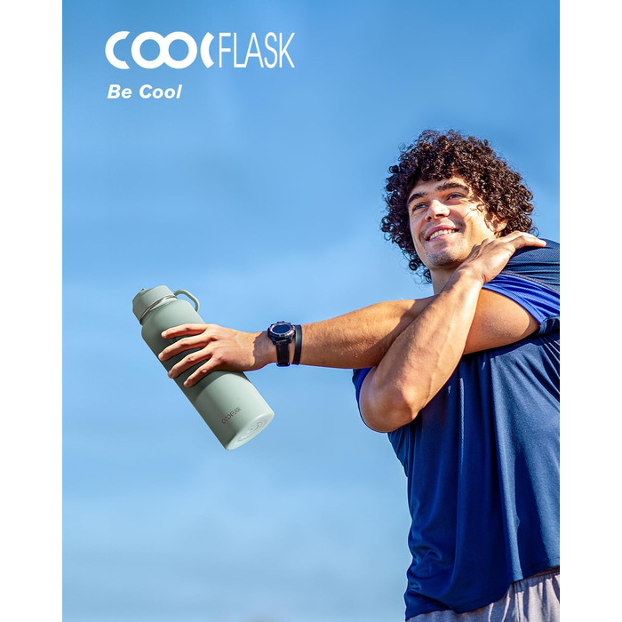 Coolflask Фляга-термос 1,2 л з соломкою, з нержавіючої сталі, 3 кришки, для спорту та офісу, зберігає холод до 48 годин, гаряче - до 24 годин, сіро-зелений колір