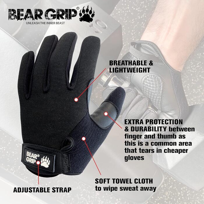 Рукавички для важкої атлетики BEAR GRIP з гелевою подушкою (XL) - для тренажерного залу, бодібілдингу, кросфіту, велоспорту