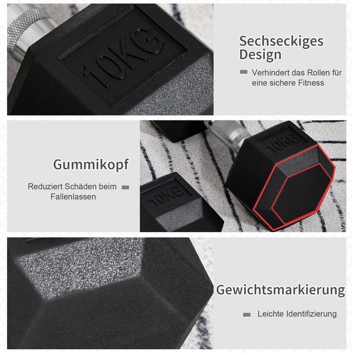 Набір гантелей Hexagon, 2 шт. з рифленим руків'ям, набір штанг з чавуну, 2 x 10 кг, гантелі для чоловіків та жінок, для дому, спортзалу, силових тренувань