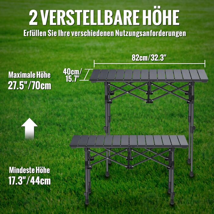 Складаний туристичний стіл GARLLEN, 100x50 см, 2 положення висоти (70/87 см), з розкатним покриттям, сталевий, для пікніка, грилю, відпочинку на природі.