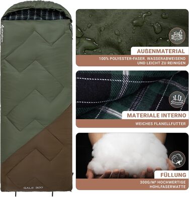 Сплячий мішок KingCamp Flannel для дорослих, 3-4 сезони, ультралегкий, бавовна, теплий, ковдровий, водонепроникний, для кемпінгу (зелений/коричневий, L, блискавка)